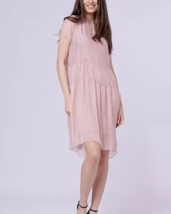 Rochie midi cu volan, din matase si vascoza roz prafuit