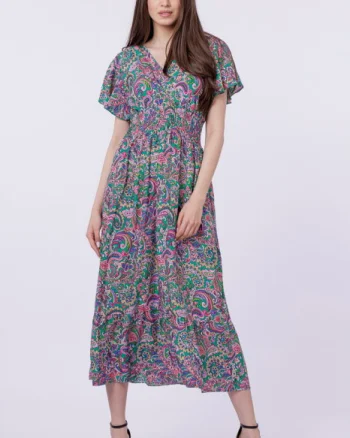 Rochie cu talia evidentiata si bust petrecut, imprimeu paisley pe fond verde