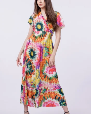 Rochie cu talia evidentiata si bust petrecut, imprimeu floral predominant verde-portocaliu