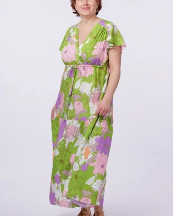 Rochie cu bust petrecut si imprimeu floral pe fond verde