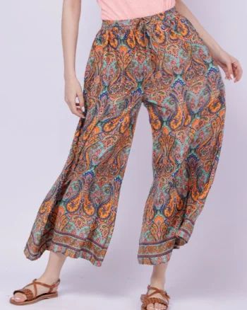 Fusta pantalon ampla din matase indiana cu portocaliu. bleumarin si verde