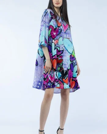 Rochie midi A-line din vascoza cu imprimeu inimi pe fond lila