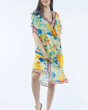 Rochie lunga de plaja tip poncho cu imprimeu acuarela multicolora
