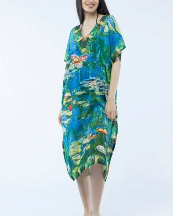 Rochie lunga de plaja tip poncho cu imprimeu dupa   Nuferii   de Claude Monet