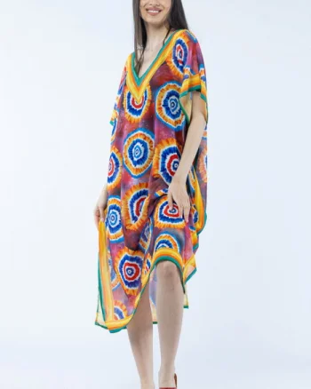 Rochie lunga de plaja tip poncho cu imprimeu circular cu rosu si albastru