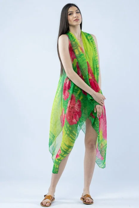 Pareo plaja din material plisat matasos si usor, in nuante exotice de verde si fucsia