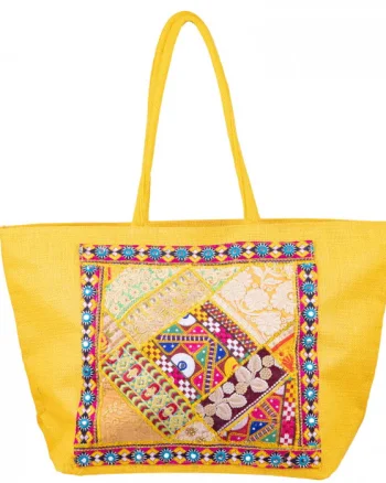 Geanta galbena din material textil natural tip sac, cu aplicatie unicat, brodata manual