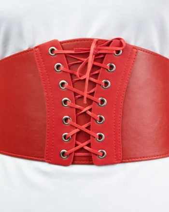Centura rosie corset, lata, din piele ecologica cu siret si capse mici