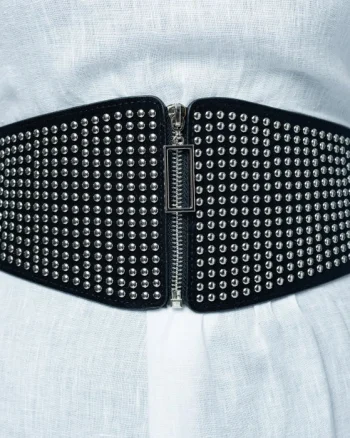 Centura corset lata din piele ecologica cu tinte metalice argintii si fermoar