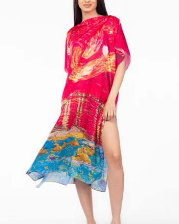 Rochie fucsia de plaja lunga tip poncho din matase cu reproducere dupa    Noapte Instelata deasupra Rhonului   de Claude Monet
