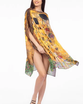 Rochie de plaja tip poncho din matase cu reproducere dupa   Sarutul    de Gustav Klimt