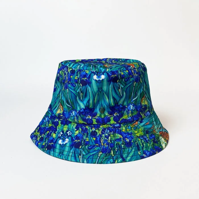 Palarie tip bucket unisex cu doua fete cu reproducere dupa pictura   Irisi   a lui Van Gogh