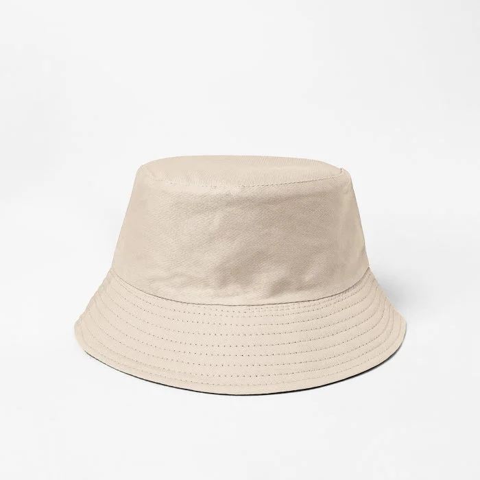 Palarie tip bucket unisex cu doua fete, bej deschis si negru, din bumbac