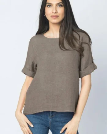 Bluza din in bej inchis cu nasturi pe spate