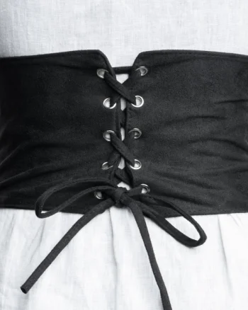 Centura corset lata din material textil catifelat cu siret si capse argintii, elastic lat la spate
