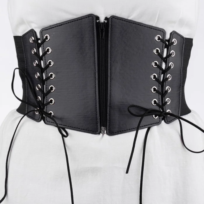 Centura corset lata din piele ecologica cu fermoar si snururi in fata si elastic la spate