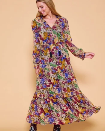 Rochie lunga cu volane si imprimeu floral in nuante de toamna