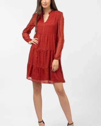 Rochie midi cu volane rosu-caramiziu si imprimeu floricele