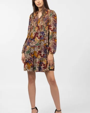 Rochie midi cu volane si imprimeu floral in nuante de toamna