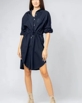 Rochie midi tip camasa, din poplin de bumbac, cu siret in talie, bleumarin