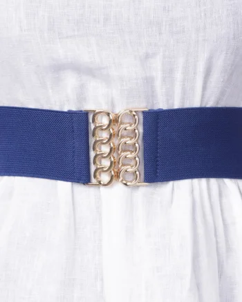 Curea bleumarin de 6 cm, din material elastic cu catarama aurie in forma de opturi