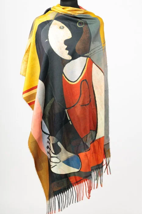 Esarfa cashmere cu doua fete imprimata cu reproducere dupa    Woman dressing her hair   a lui Picasso