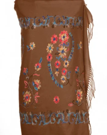 Esarfa cashmere cu model floral brodat pe fond maro