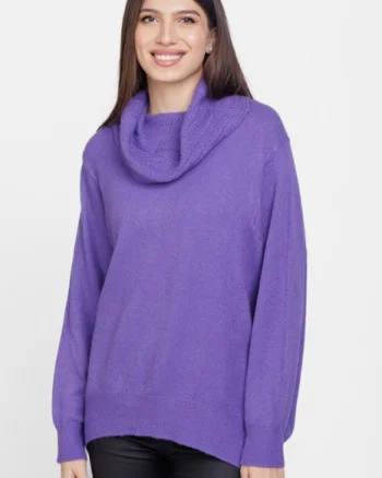 Pulover cu guler inalt elegant, din vascoza si lana, mov