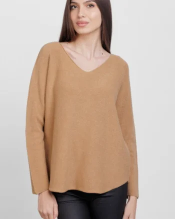 Pulover versatil cu decolteu V, din vascoza, camel