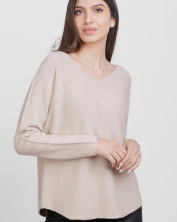 Pulover versatil cu decolteu V, din vascoza, bej