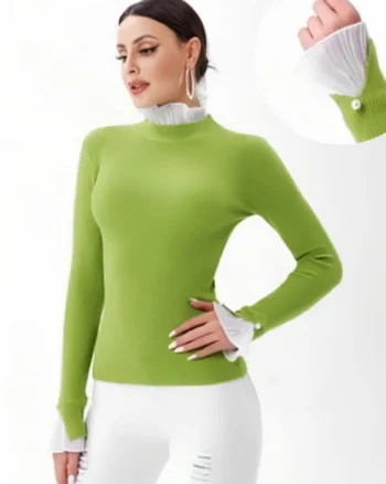 Pulover verde oliv cu volanas plisat la maneca si la gat