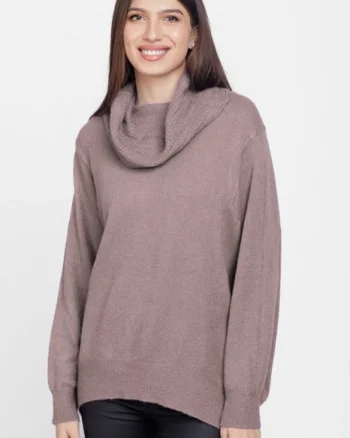 Pulover cu guler inalt elegant, din vascoza si lana, bej inchis