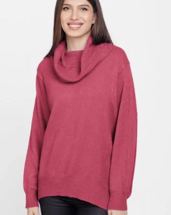 Pulover cu guler inalt elegant, din vascoza si lana, roz inchis