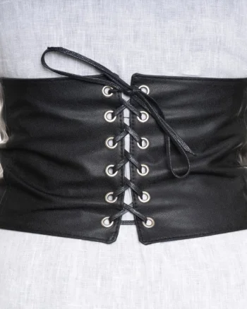 Centura corset lata din piele ecologica cu siret si capse argintii, elastic lat la spate