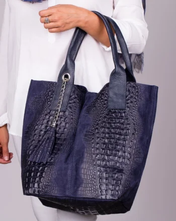 Geanta shopper bleumarin din piele intoarsa naturala