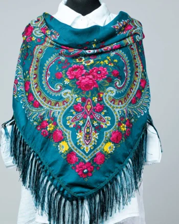 Esarfa gipsy patrata mare, tip Pavlovo Posad cu imprimeu floral traditional pe fond turcoaz inchis