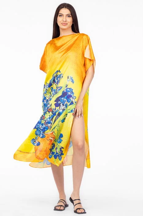 Rochie de plaja lunga tip poncho din matase cu imprimeu inspirat din pictura    Irisi   a lui Vincent Van Gogh
