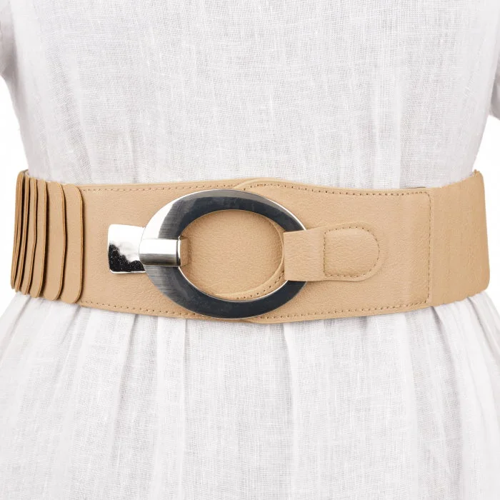 Curea elastica cu solzi din piele ecologica bej de 6 cm latime cu catarama ovala argintie