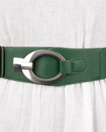 Curea elastica cu solzi din piele ecologica verde inchis de 6 cm latime cu catarama ovala argintie