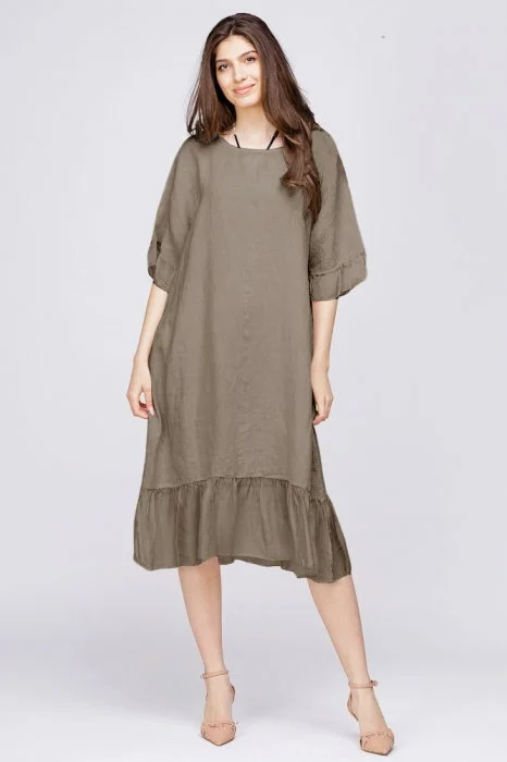 Rochie midi din in bej fango cu volane din matase si funda pe spate