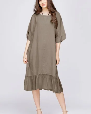 Rochie midi din in bej fango cu volane din matase si funda pe spate