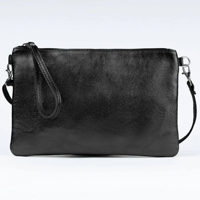 Geanta plic crossbody negru metalizat, din piele naturala