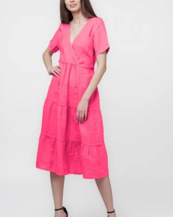 Rochie fucsia din in cu volane si bust petrecut