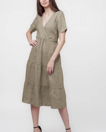 Rochie bej inchis din in cu volane si bust petrecut