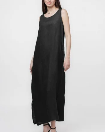 Rochie lunga A-line din in, fara maneci, neagra