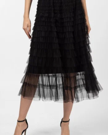 Fusta din tulle, cu volane in straturi, lunga, neagra