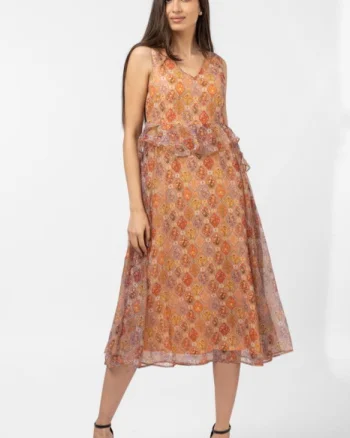 Rochie lunga diafana, orange, cu imprimeu oriental
