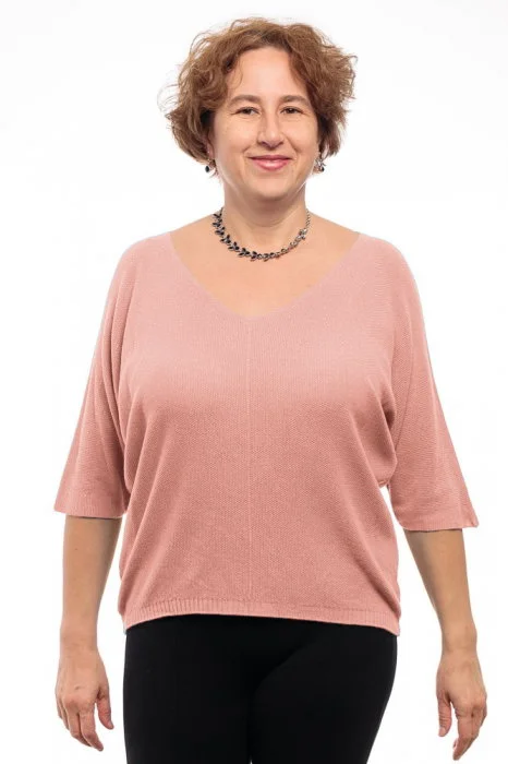 Bluza fin tricotata bob de orez, cu maneca fluture 3 4, roz pastel