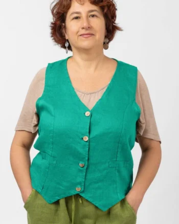 Vesta trendy din in cu colturi si nasturi de lemn, turcoaz