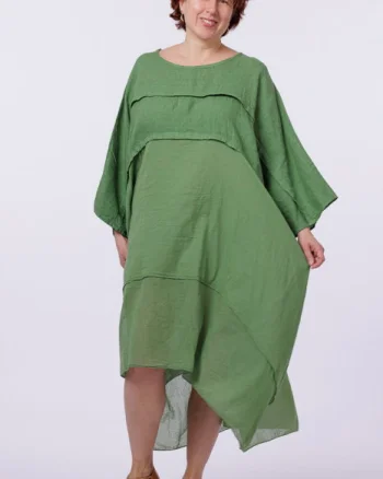 Rochie oversize verde olive, din in si batist de bumbac